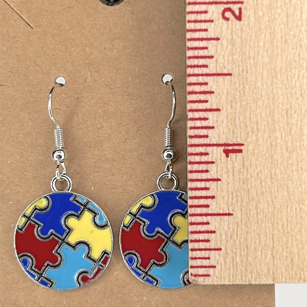 Autism Awareness Puzzle Round Dangle Charm Earrings Fashion Jewelry - Picture 2 of 4
